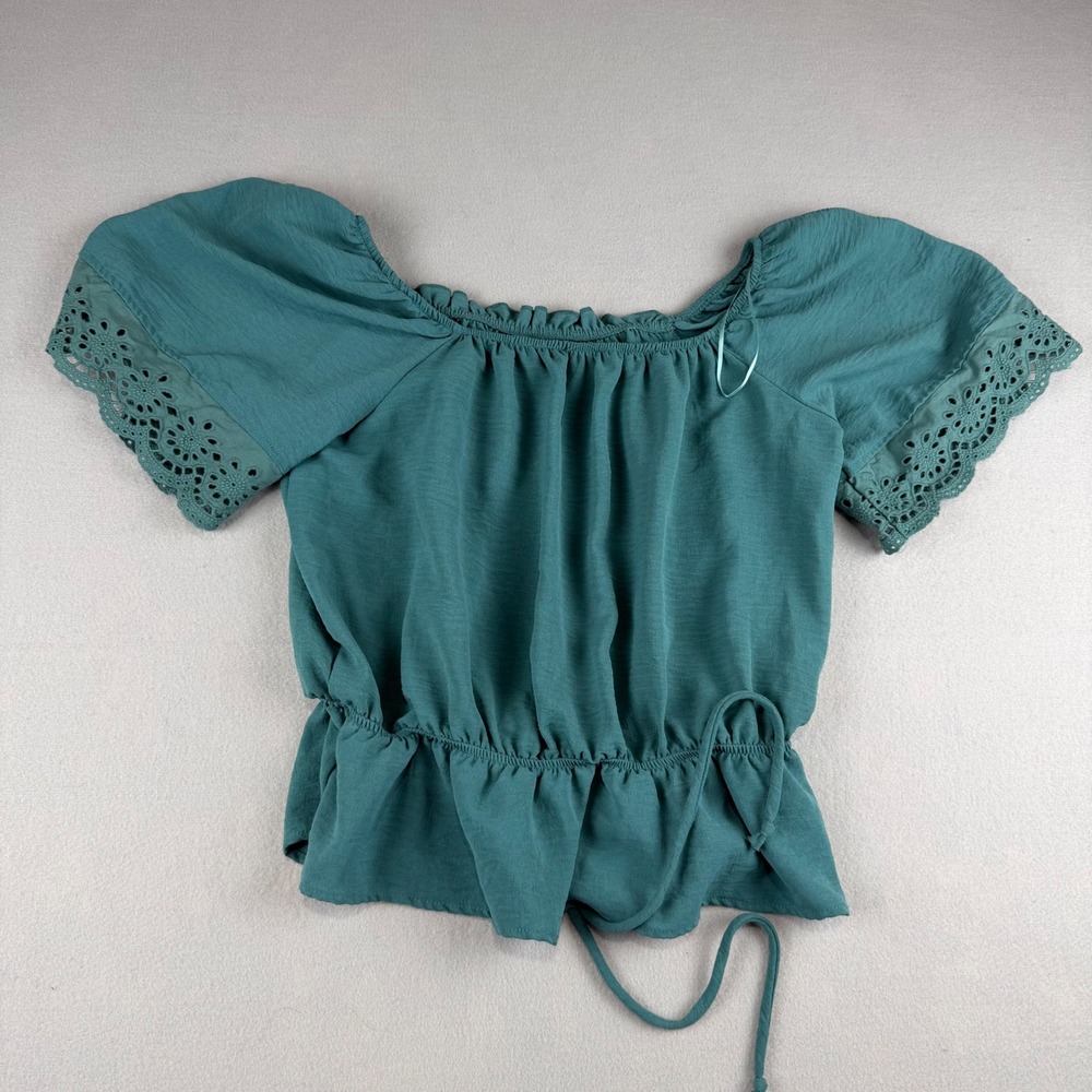 Linden Rose Teal Green Eyelet Lace Peasant Top Off Shoulder Boho Blouse Large